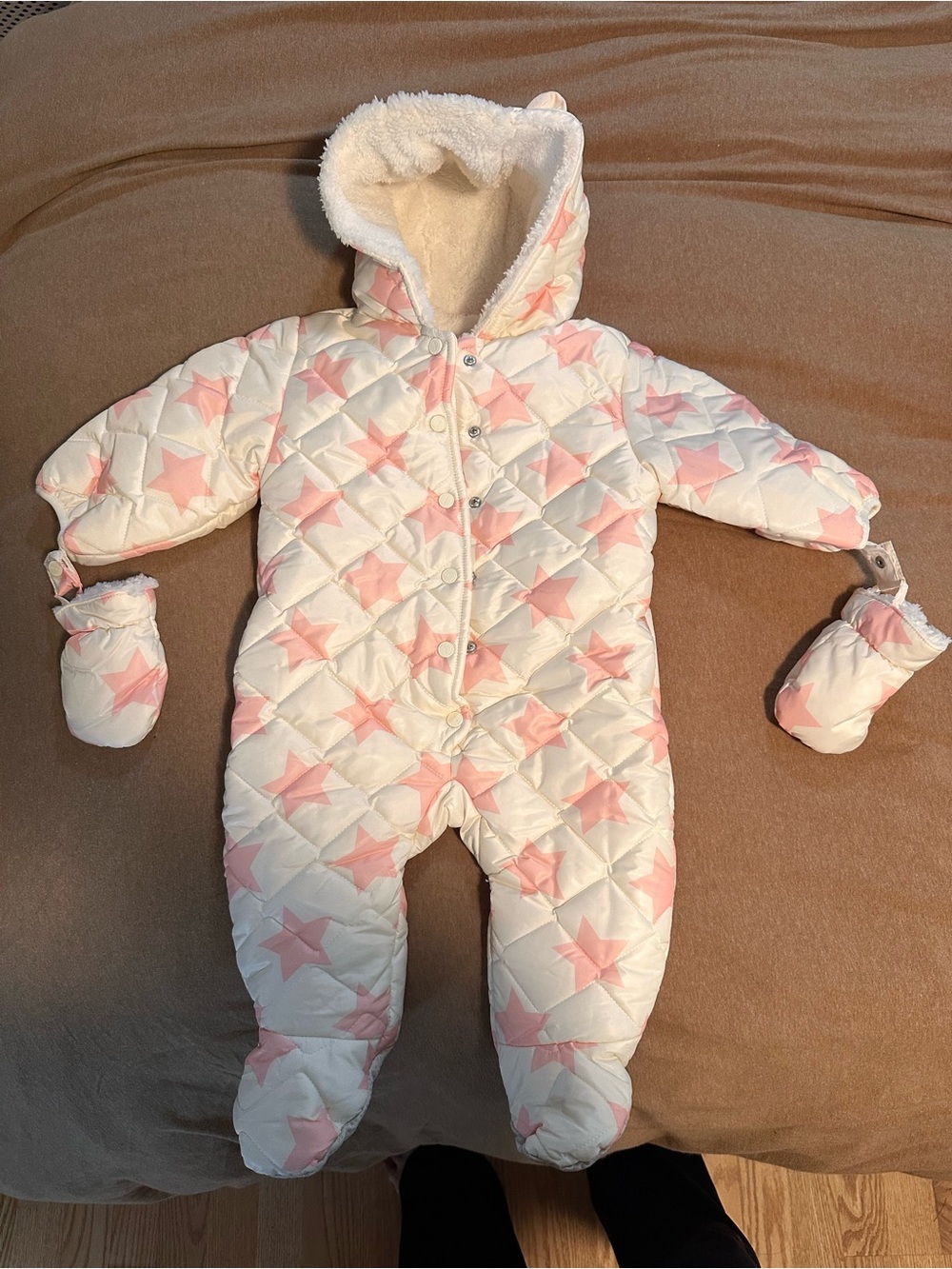 Urban Republic White Quilted Baby Snowsuit with Pink Star Print